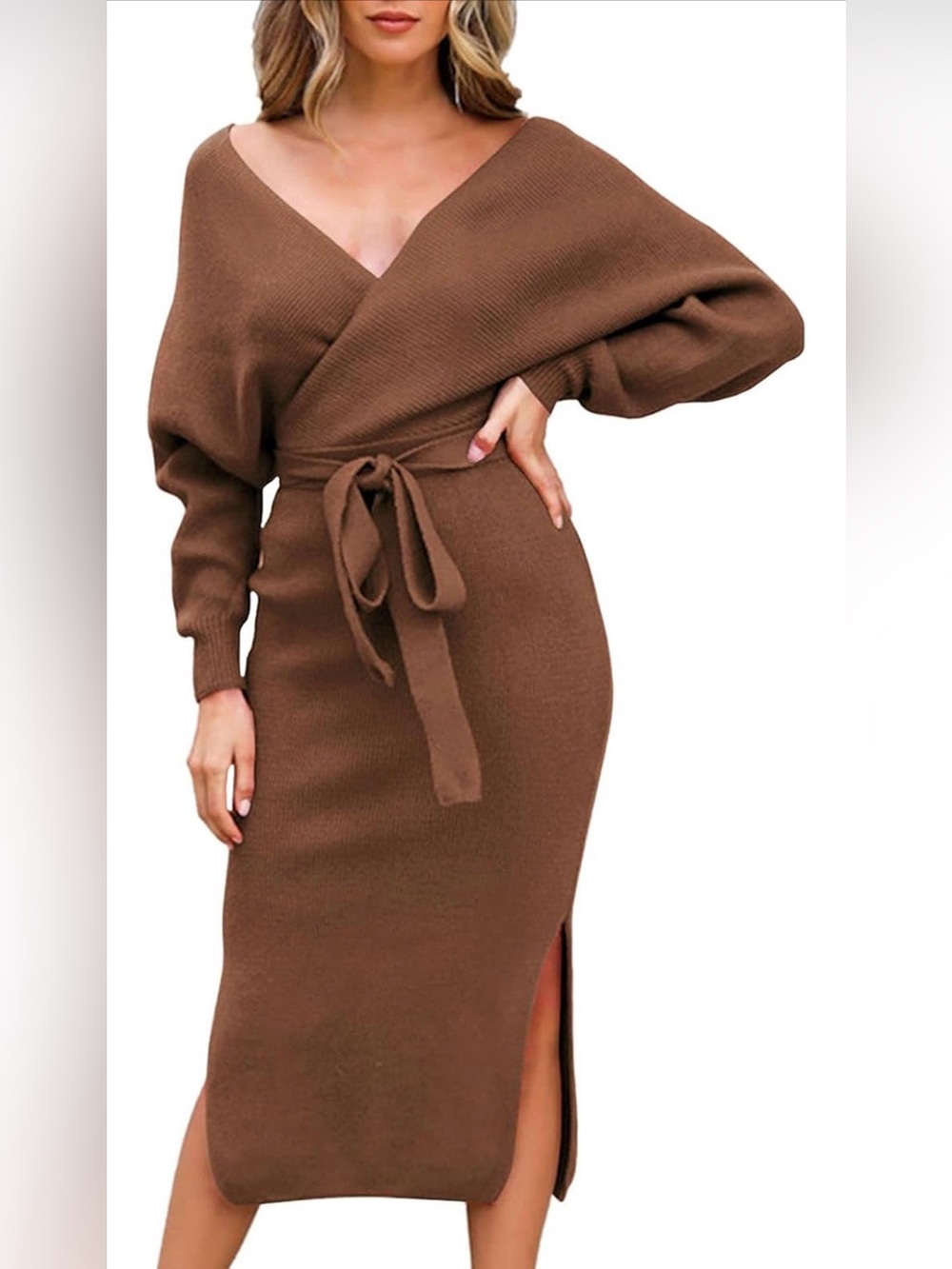 Women’s Terracotta Knit Wrap Midi Dress | Open Back | Size Medium